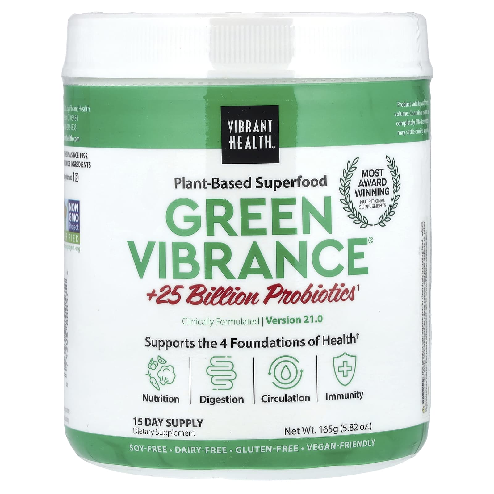 Vibrant Health, Green Vibrance® +25 Billion Probiotics, Version 21.0, 5.82 oz (165 g) UPC 074306800572 | Hilife Vitamins